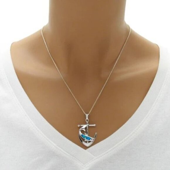 DASHING STERLING SILVER CREATED OPAL ANCHOR & DOLPHIN PENDANT - Picture 2 of 2